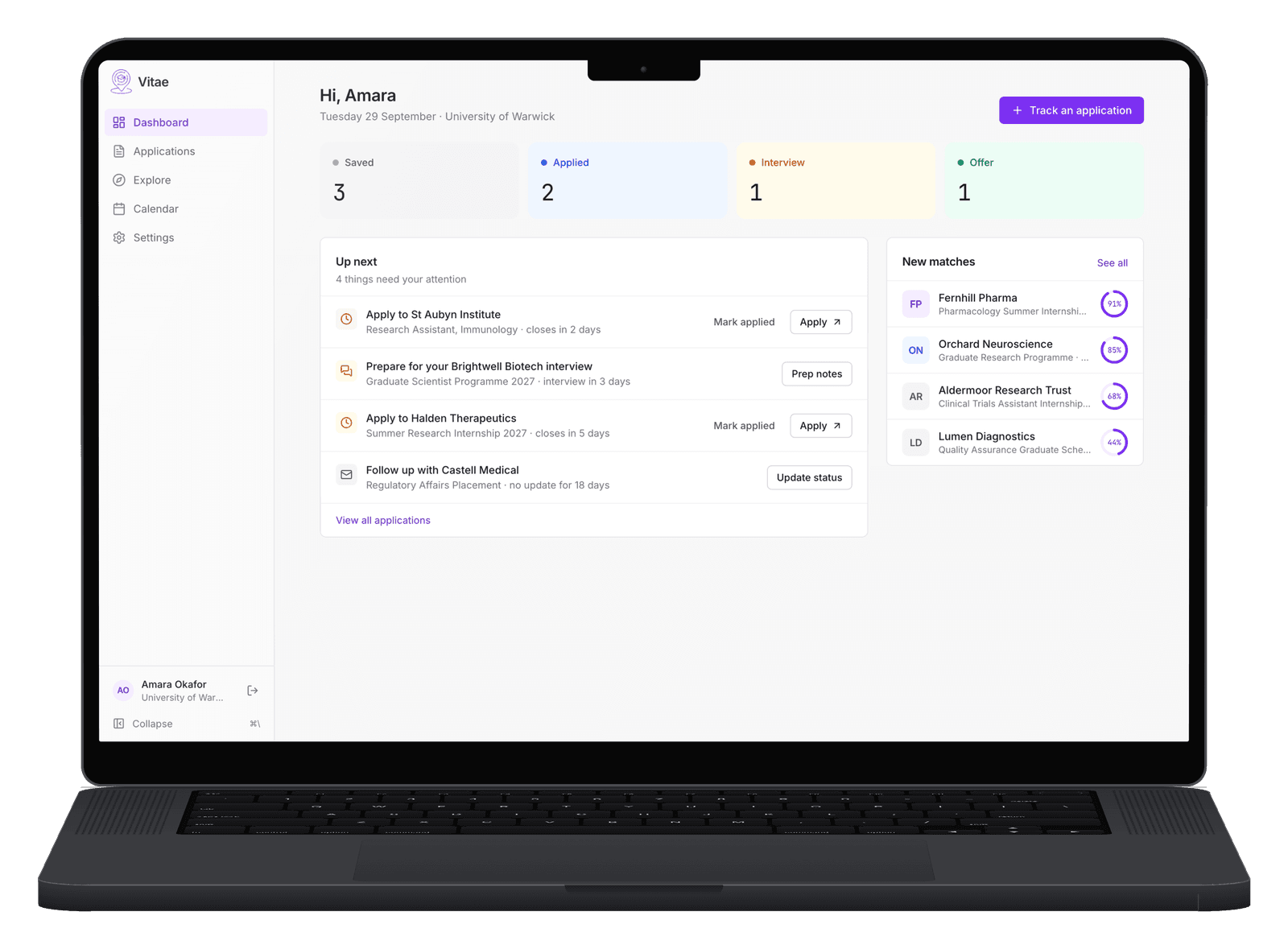Vitae dashboard on a laptop, showing applications by status and what to do next